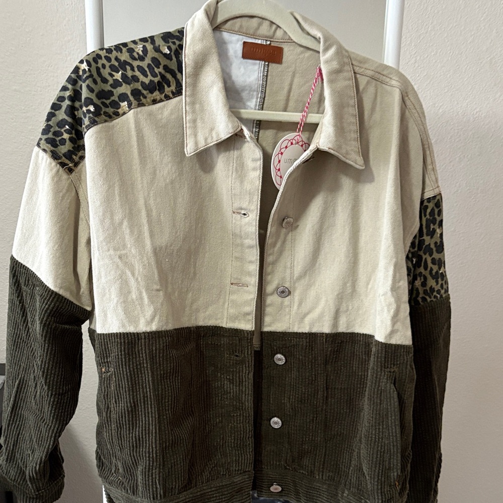 Umgee Two-Tone Jean Jacket with Leopard Accents